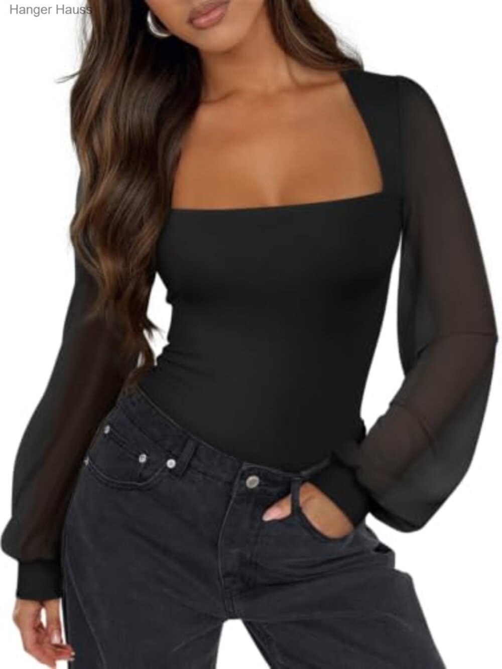 Women Square Neck Double Lined Mesh Long Sleeve Bodysuit Puff Sleeve